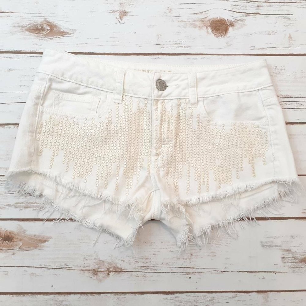 American Eagle Outfitters Womens Shorts White Stretch Sequin Pockets Frayed XS 2